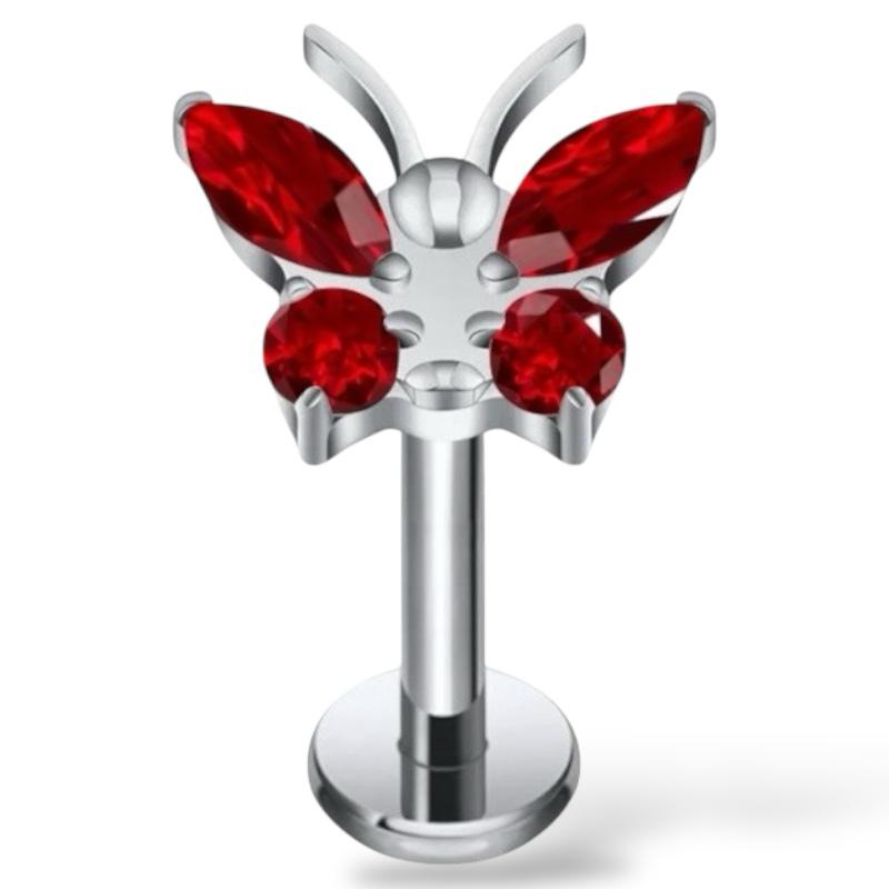 Tytanowy srebrny labret z motylkiem białe cyrkonie